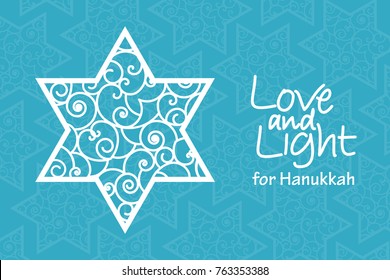 Hanukkah greeting card template. Hand drawn David star with curled pattern with handwritten lettering Love and Light on blue patterned background. Elegant vector design for holiday banner, flyer, card