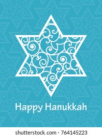 Hanukkah greeting card template. Hand drawn David star with swirl pattern and lettering Happy Hanukkah on blue patterned background. Elegant vector design for holiday cards, banners, flyers.