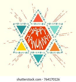 Hanukkah greeting card template. Hand drawn David star with sunburst and handwritten lettering Happy Hanukkah inside on beige background. Colorful vector design for holiday cards, backgrounds, banners