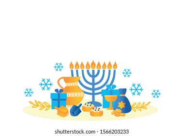 Hanukkah greeting card template, holiday symbols -Wooden dreidels, Donuts, Menorah Candles Oil jug Star of David, snowflakes, branches, cup, chamesh, Torah book. Vector illustration isolated on white.