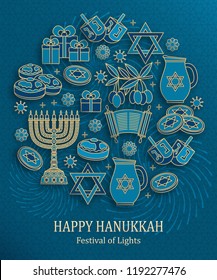 Hanukkah greeting card with Torah, menorah and dreidels. Place for your text. Vector illustration.