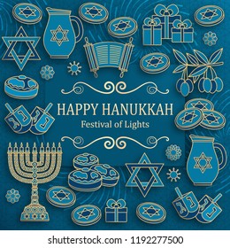 Hanukkah greeting card with Torah, menorah and dreidels. Place for your text. Vector illustration.