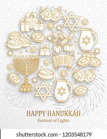 Hanukkah greeting card with Torah, menorah and dreidels. Golden template. Vector illustration.