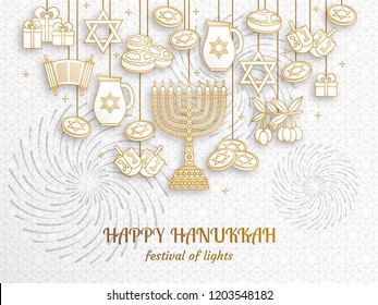 Hanukkah greeting card with Torah, menorah and dreidels. Golden template. Vector illustration.