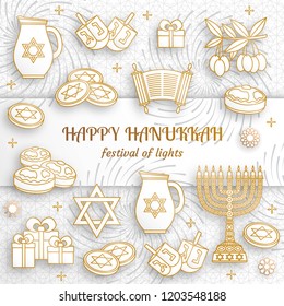 Hanukkah greeting card with Torah, menorah and dreidels. Golden template. Vector illustration.