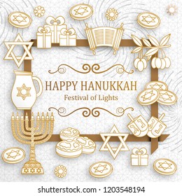 Hanukkah greeting card with Torah, menorah and dreidels. Golden template. Vector illustration.