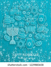 Hanukkah greeting card with Torah, menorah and dreidels. Turquoise template. Vector illustration.