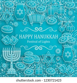 Hanukkah greeting card with Torah, menorah and dreidels. Turquoise template. Vector illustration.