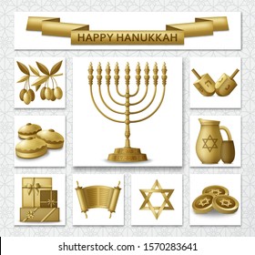 Hanukkah greeting card with Torah, menorah and dreidels. Golden template. Vector illustration.