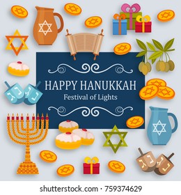 Hanukkah greeting card with Torah, menorah and dreidels. Place for your Text. Vector illustration.