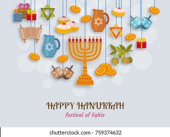 Hanukkah greeting card with Torah, menorah and dreidels. Place for your Text. Vector illustration.