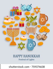 Hanukkah greeting card with Torah, menorah and dreidels. Place for your Text. Vector illustration.