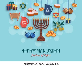 Hanukkah greeting card with Torah, menorah and dreidels. Place for your Text. Vector illustration.