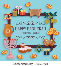 Hanukkah greeting card with Torah, menorah and dreidels. Place for your Text. Vector illustration.