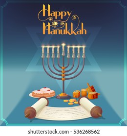 Hanukkah Greeting card vector template. Jewish Light Festival greeting card, wallpaper background. Hanukkah menorah with candles, scroll, spinning dreidel with Hebrew letters & traditional donuts.