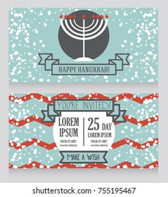 Hanukkah greeting cards with traditional candles and snow, light blue and red colors, vector illustration