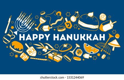 Hanukkah greeting design template. Traditional objects and food with wishing. Hand drawn outline vector sketch illustration. Yellow and white on blue background