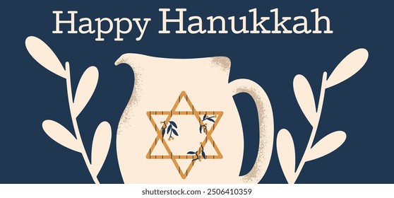 Hanukkah greeting poster with traditional symbols of the holiday. Hand draw vector illustration