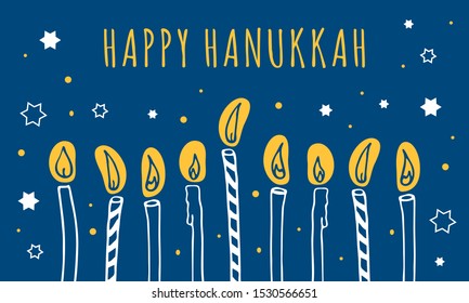 Hanukkah greeting template. Nine candles and wishing. Hand drawn sketch illustration. White, yellow and blue colors