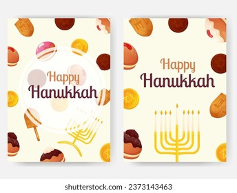 Hanukkah greeting vertical banner collection with different festive elements.