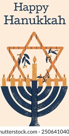 Hanukkah greeting vertical poster with menorah and David Star of the holiday. 