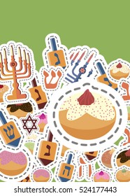  Hanukkah greetings card on the green background. Jewish holiday. Hanukkah candles- menorah. Festival of lights. Feast of dedication. Dreidel, doughnuts for Hanukkah icon. 