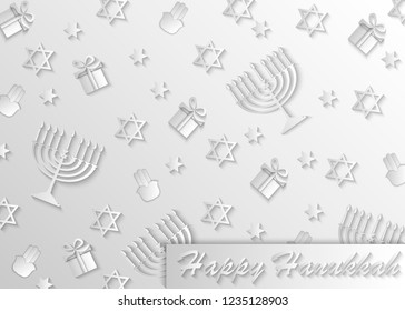 Hanukkah grey backgroundwith holiday candles, gifts, Hamsa, David stars. Modern paper cut design for Jewish Festival of light. 3d vector illustration. 