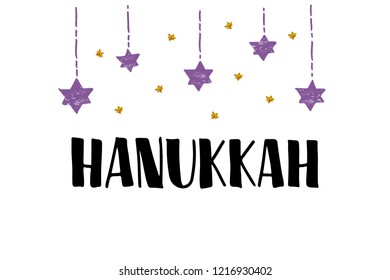 Hanukkah hand drawn lettering typography. Jewish holiday. Festive poster design. Template for banner, greeting card, flyer. Vector illustration