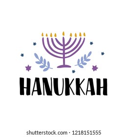 Hanukkah hand drawn lettering typography with menorah. Jewish holiday. Festive poster design. Template for banner, greeting card, flyer. Vector illustration