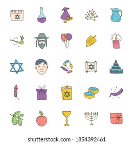 Hanukkah Hand Drawn Linear Doodles Isolated On White Background. Hanukkah Icon Set For Web And Ui Design, Mobile Apps And Print Products