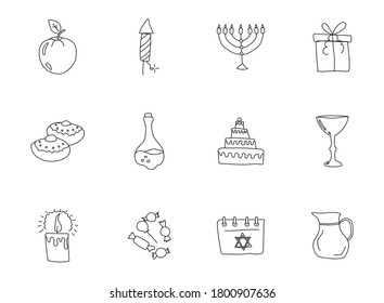 hanukkah hand drawn linear vector icons isolated on white background.hanukkah doodle icon set for web and ui design, mobile apps and print products