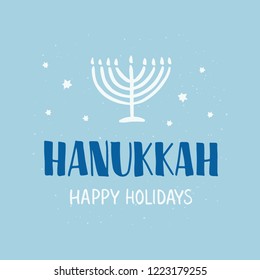 Hanukkah - hand lettering. Jewish holiday. Celebration text with menorah candles and star David. Design for greeting card, banner, invitation, flyer. Vector illustration.