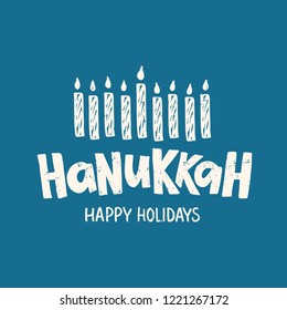 Hanukkah - handwritten modern lettering with candles. Template for postcard or invitation card, poster, banner. Jewish holiday. Vector illustration.