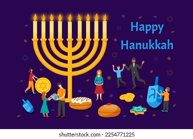 Hanukkah, happy jewish festival, huge candles and traditional holiday symbol. Jew gift party invitation with tiny people characters, israel greeting. Judaism vector illustration utter concept