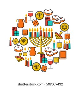 Hanukkah holiday background. Design elements set. Holiday symbols: menorah (candlestick), candles, donuts (sufganiya), gifts, dreidel, coins, oil. Greeting card template design. Vector illustration