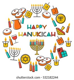 Hanukkah holiday background. Design elements set. Holiday symbols: menorah (candlestick), candles, donuts, gifts, dreidel. Greeting card template design. Happy Hanukkah. Vector illustration