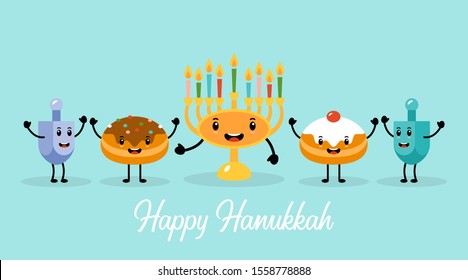 Hanukkah holiday banner design with menorah, traditional doughnuts and dreidel funny cartoon characters