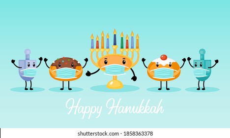 Hanukkah holiday banner design with menorah, traditional doughnuts and dreidel funny cartoon characters with face medical mask