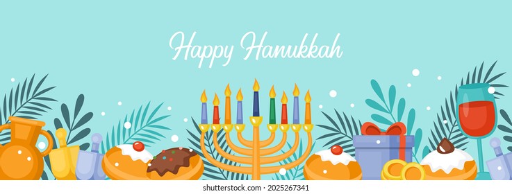 Hanukkah holiday banner design with menorah, sufganiyot and spinning top. Background template for social media, greeting card and poster 