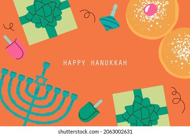 Hanukkah holiday banner design with menorah, donuts and spinning top. Hand drawn minimal trendy vector illustration