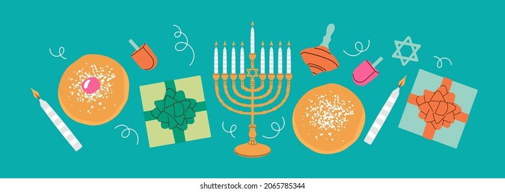Hanukkah holiday banner design with menorah, donuts and gift box. Hand drawn minimal trendy vector illustration