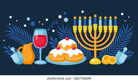 Hanukkah holiday banner design with menorah, donuts and spinning top. Background template for social media, greeting card and poster 