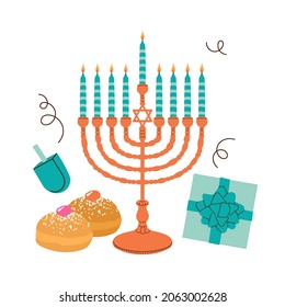 Hanukkah holiday banner design set with menorah, donuts and gift box. Hand drawn minimal trendy vector illustration