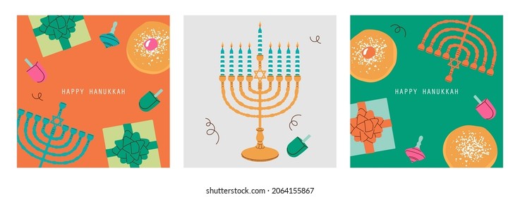 Hanukkah holiday banner design set with menorah, sufganiyot and spinning top. Hand drawn minimal trendy vector illustration