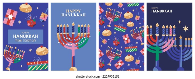 Hanukkah holiday banner design set with menorah, traditional donuts, gift boxes and spinning top. Modern template background for social media. Vector illustration