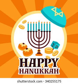 Hanukkah holiday card with menorah and religious symbols flat vector illustration