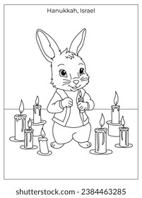 Hanukkah Holiday Celebration with cute rabbit coloring page for kids