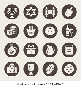 Hanukkah holiday celebration symbols. Vector icon set