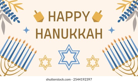 Hanukkah Urlaubskonzept, Grußkarte. Menorah, Stern von David und Dreidel auf beigem Hintergrund. Vektorgrafik für Urlaubsdesign