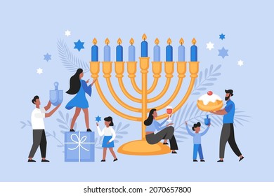 Hanukkah holiday concept.  Modern vector illustration of people and family celebrating and decorating together